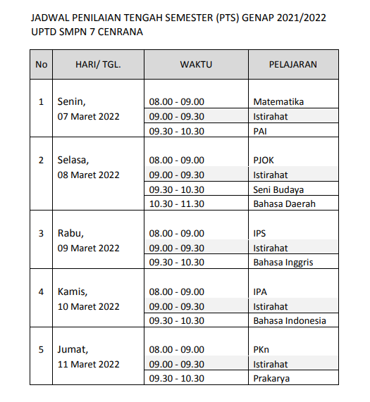Jadwal PTS Genap 2021-2022